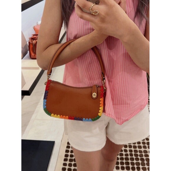 Coach Swinger Bag 20 With Rainbow Crochet Yarn Leather Handle Strap Zip Top NWT - Picture 7 of 11